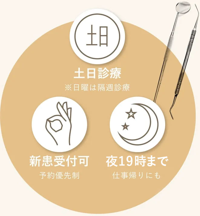 土日診療 ※日曜は隔週診療 急患OK 我慢せずご相談を 夜19時まで 仕事帰りにも